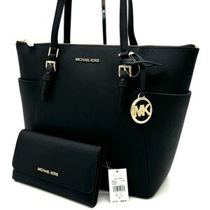 Michael Kors Large Charlotte TZ Tote Bag & Large Trifold Wallet Black/Gold